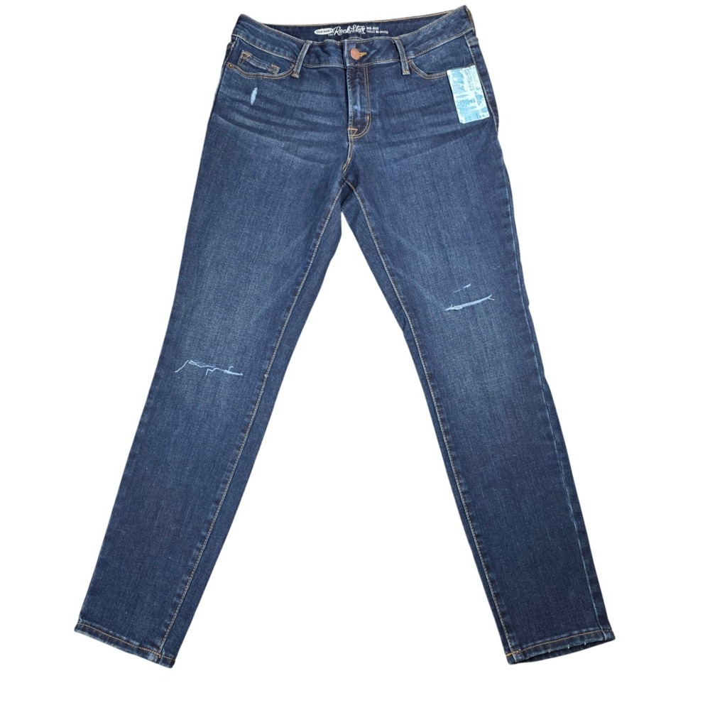 Old Navy Rockstar Mid-Rise Skinny Jeans Women 10 Petite Dark Wash Distressed New